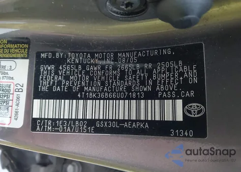 2006 Toyota Avalon Limited z USA, uszkodzony, nr VIN 4T1BK36B66U071813